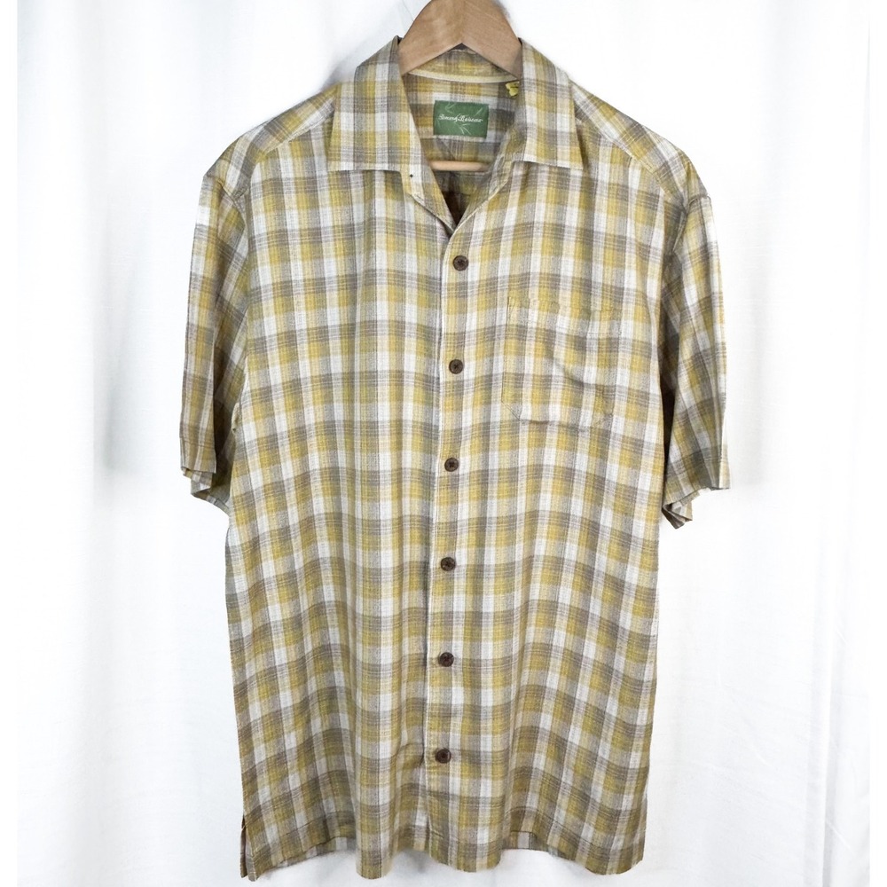 Tommy Bahama Shirt Mens Medium 100% Silk Yellow Gray Plaid Button Up Casual EUC